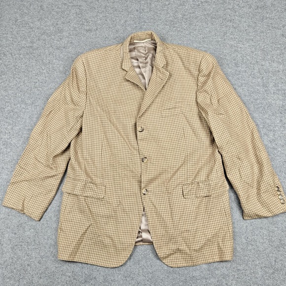 Burberry Blazer Mens 46R Beige Silk Wool Check Tweed Sport Coat USA 3‎ Button